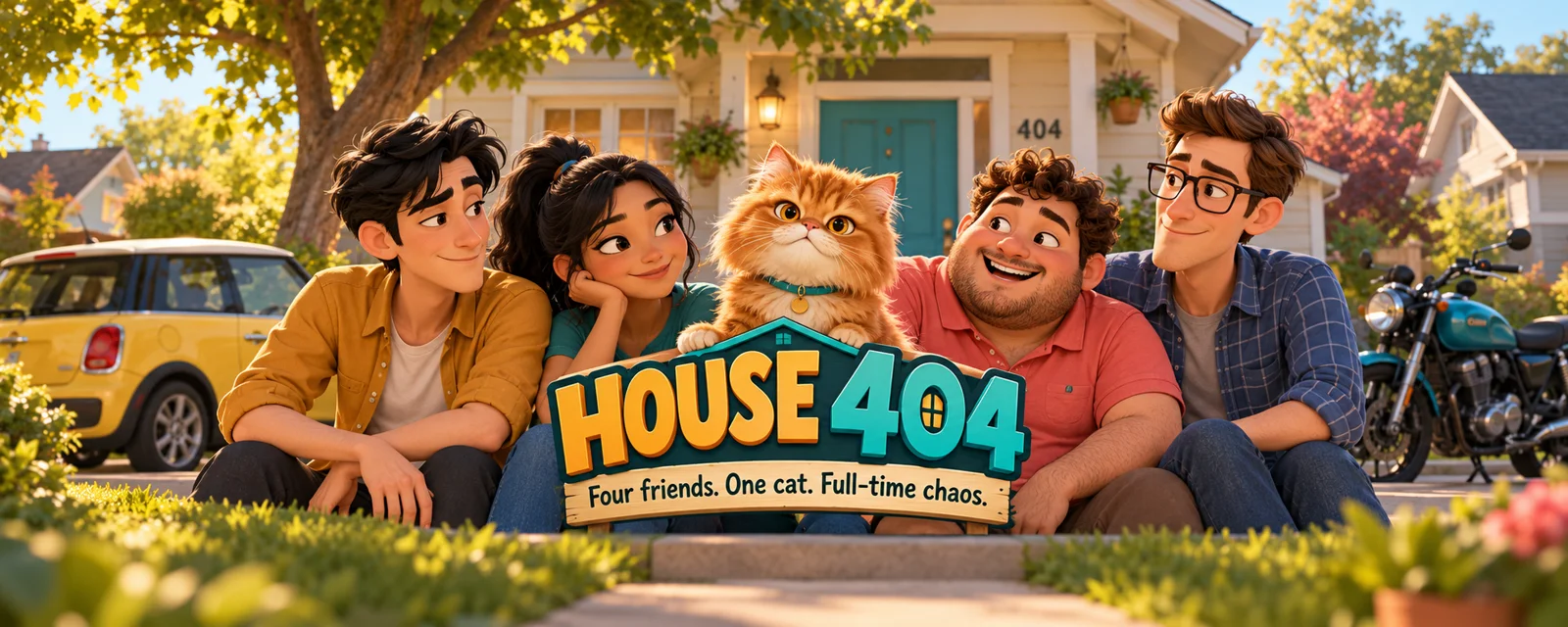 The House 404 ensemble: Jake in mustard, Maya in teal, orange Persian cat Kitty, Leo in coral and Ben in indigo