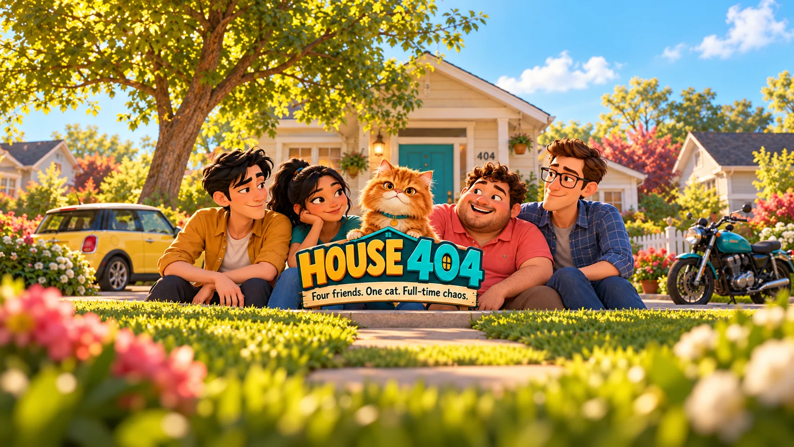 Jake, Maya, Kitty, Leo and Ben outside cream House 404 with its teal door, Sunny the yellow hatchback and Bolt the teal motorcycle